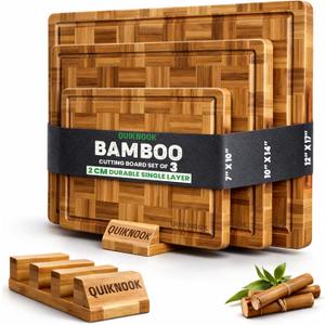 Bamboo Cutting Board Set of 3 with Holder | Deep Juice Groove for Meat Veggies & Fruits | Heavy-Duty Knife-Safe Bamboo Wood Cutting Boards for Kitchen Prep | Non-Slip End Grain Chopping Block