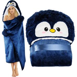Penguin Wearable Hooded Blanket for Adults  Super Soft Warm Cozy Plush Flannel Fleece & Sherpa Hoodie Throw Cloak Wrap - Penguin Gifts for Women Adults Girls and Kids (Dark Blue)