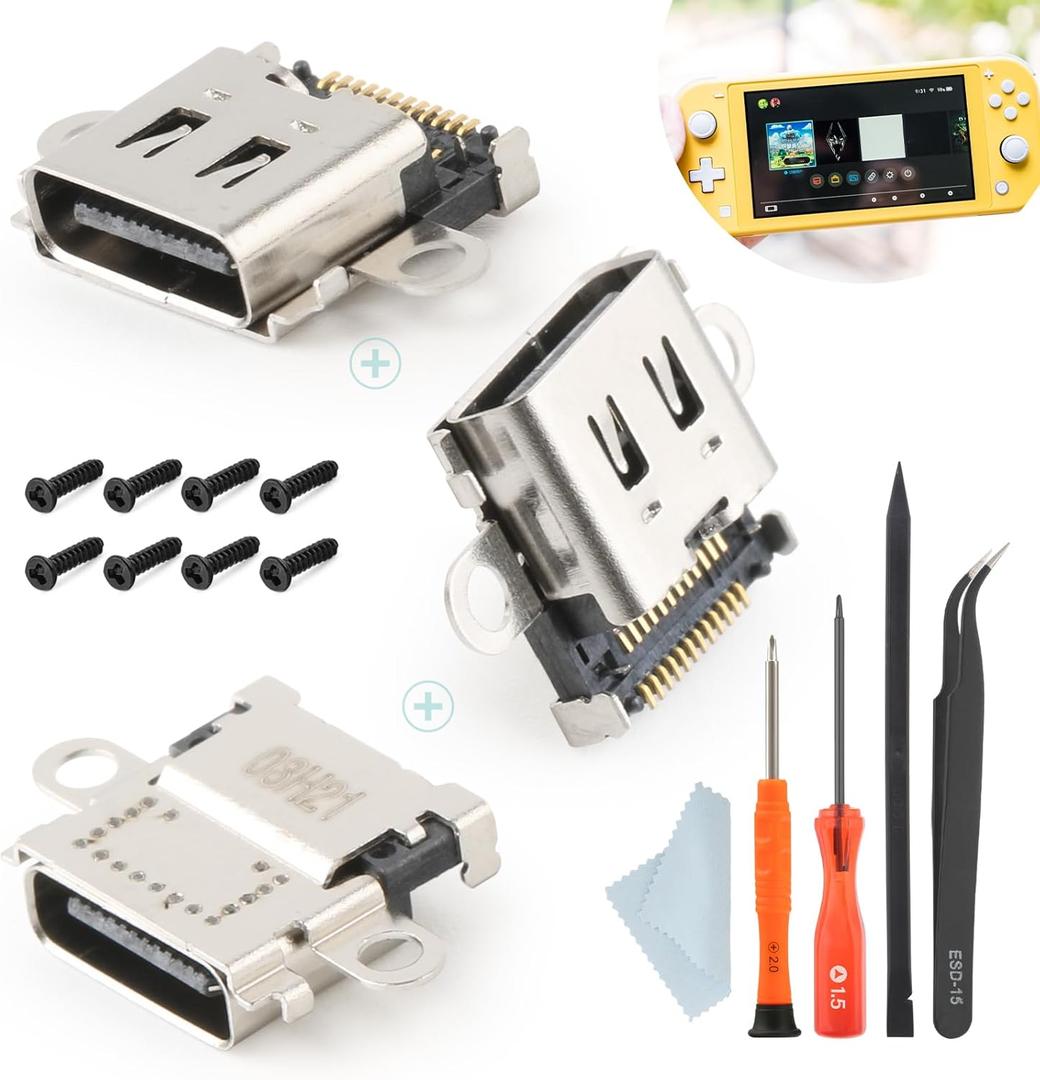 3PCS for Nintendo Switch Lite Charging Port Switch Lite Dock Connector HDH-001 USB Type C Charge Power Socket Port Console Accessories with Repair Tools