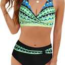 SEAFORM Womens Two Piece Swimsuits Wrap Front Bikini High Waisted Bottom Tummy Control Bathing Suits Vintage Print Swimwear (Small, Yellow)