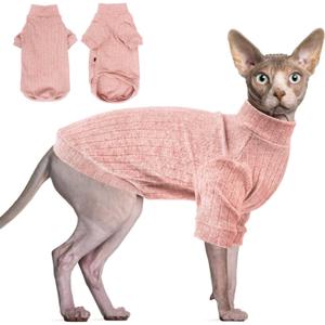 Idepet Sphynx Hairless Cats Sweater Shirt Kitten Soft Puppy Clothes Pullover Cute Cat Pajamas Jumpsuit Cotton Apparel Pet Winter Turtleneck for Cats and Teacup Chihuahua Small Dogs (Pink,XS)