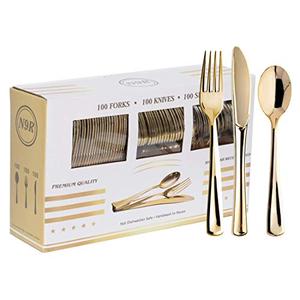N9R 300PCS Gold Plastic Silverware, Heavy Duty Gold Plastic Cutlery Set Disposable Flatware Dinnerware, 100 Forks, 100 Spoons, 100 Knives, Perfect for Party, Wedding and Daily Use