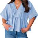 Womens Plus Size Babydoll Tops Cute Summer Eyelet V Neck Short Sleeve Blouses Cropped Lace Ruffle Boho Shirts (2XL)
