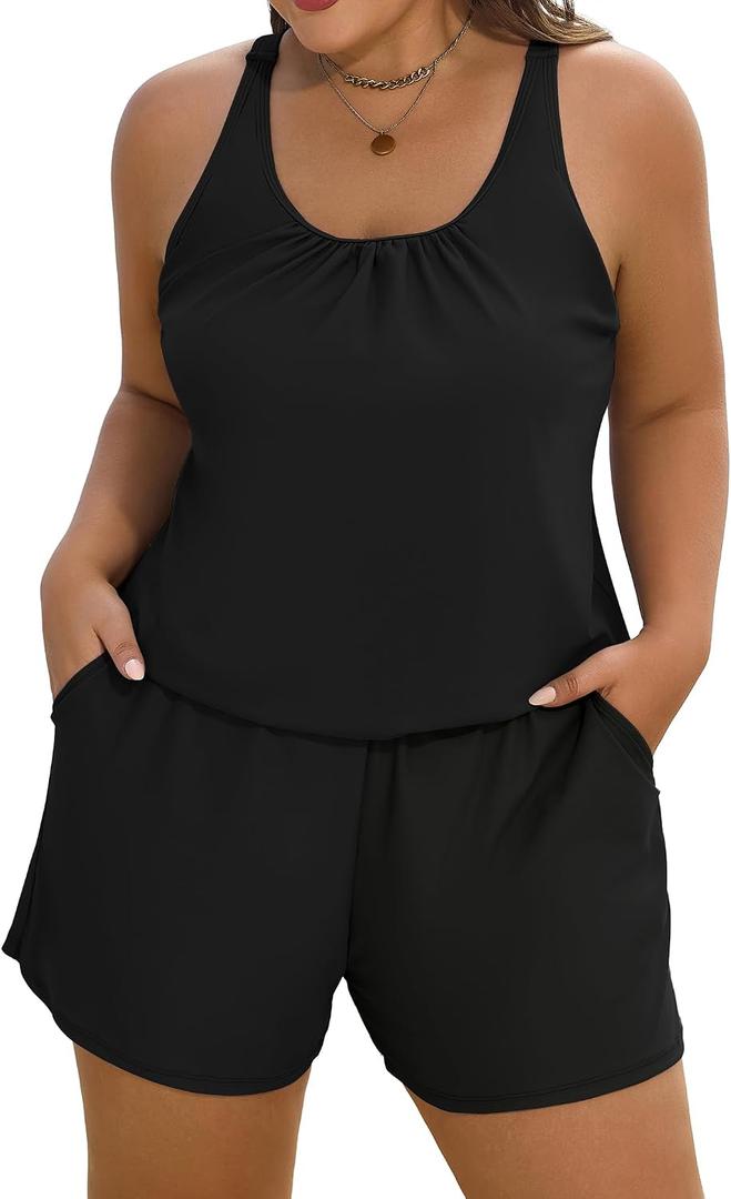 Arolina Women's Plus Size Swim Romper One Piece Swimsuits Modest Bathing Suit with Pockets 20Plus