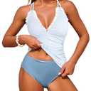 ZAFUL Womens Tankini Bathing Suits Modest Two Piece Swimsuit Smocked Push Up Slimming Tankinis with High Waisted Full Coverage Bottom Sexy Retro Adjustable Straps Tummy Control Swimwear Striped Blue L