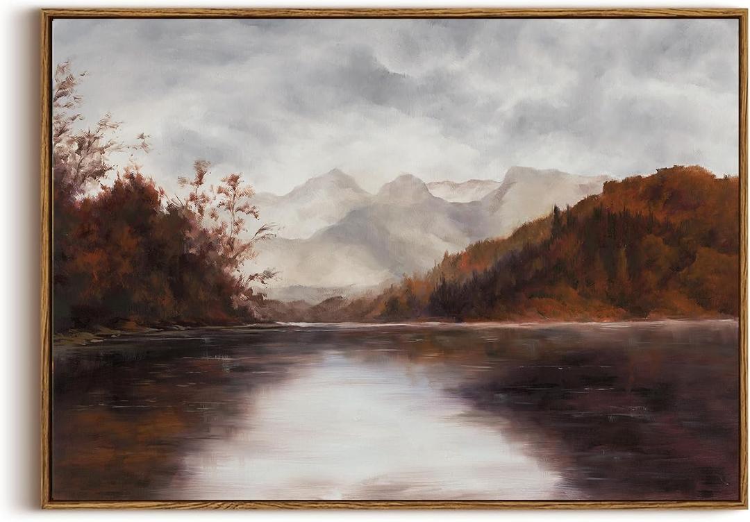 KISSFOX Vintage Fall Countryside Framed Wall Art Autumn Lake Mountain Forest Landscape Canvas Art Farmhouse Nature Paintings Artwork Rustic Serene Art Prints For Kitchen Living room Bedroom, 36"L x 24"W