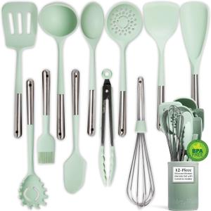 Larder & Vine 12-Piece Silicone Kitchen Cooking Utensils Set with Stainless Steel Handle and Ceramic Holder, Dishwasher Safe Set of Kitchen Essentials (Sage)