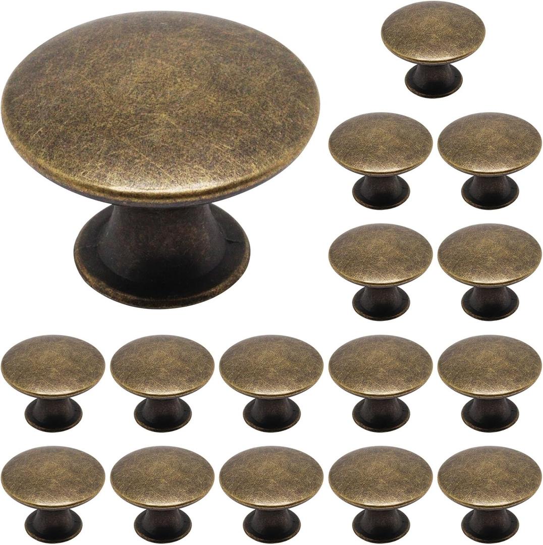 16 Pack Antique Brass Cabinet Knobs, Round Dresser Knobs Kitchen Drawer Knob, Single Hole Cupboard Door Knob Dresser Drawer Pulls Handles
