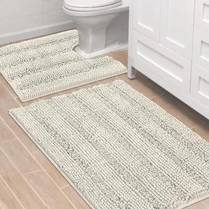 H.VERSAILTEX Bathroom Rugs Bath Rug Set 2 Piece Bathroom Contour Rug Toilet Mat Sets Non Slip Contour Bath Rug Ultra Thick Water Absorbent Striped Bath Mats Washable(36" x 24" Plus 20" x 24" U, Cream)