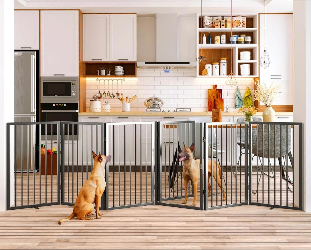 Vantas Folding No-Assembly Metal Pet Gate 120" Wide, 32" Extra Tall Dog Gate with Door Walk Through, Freestanding Accordion Puppy Gate Dog Door for Indoor & Outdoor, with 2PCS Support - Black