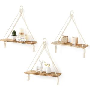 Mkono Macrame Hanging Shelves Boho Wall Decor Set of 3 Rustic Wood Floating Storage Shelf for Bedroom Bathroom Living Room Nursery Dorm Room, Display Shelving for Hanging Plants Photos (White)