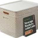 BINO | Plastic Storage Baskets with Lids, 45 Liter - 3 Pack, Natural | THE WOVEN COLLECTION | Storage Basket for Shelves | Woven Storage Baskets for Organizing Bins | Pantry Shelf Organizer Bin