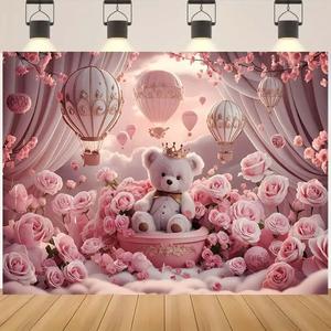 Pink Floral Bear Balloon Photography Backdrop Pink Bear Baby Shower Backdrop for Girls 1 Year Old Birthday Party Decorations Balloons Floral Girl Portrait Background(C, 7x5feet)