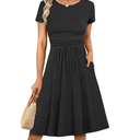 Prinbara Summer Dresses for Women 2025 Casual Fashion Short Sleeve Round Neck Pleated Dress Loose Comfort Flowy Dresses, Large, Black 