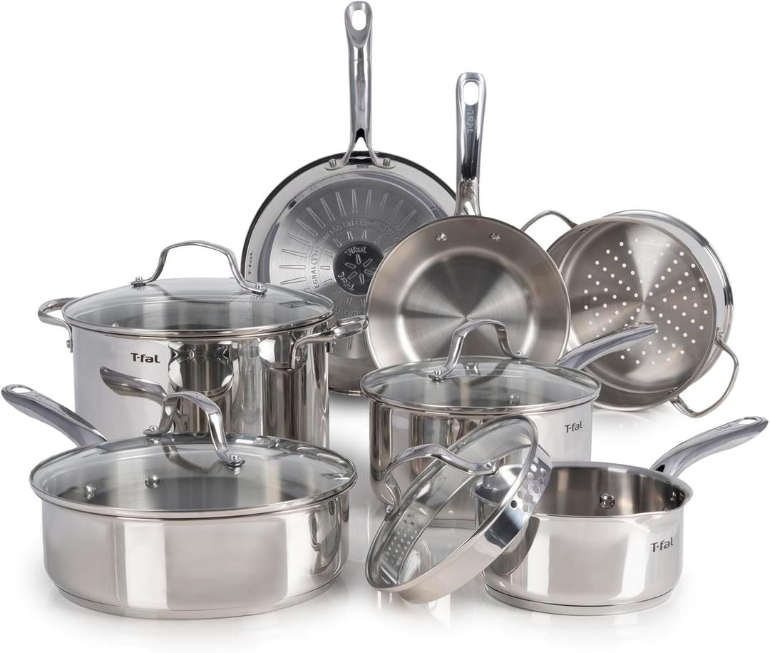T-fal Stainless Steel Cookware Set, 11 Piece, Induction Cookware, Oven Safe to 500F, Kitchen Cooking Set w/Fry Pans, Pots and Pans, Dutch Oven, Saucepans, Kitchen Essentials, Silver T-fal Stainless Steel Cookware Set, 11 Piece, Induction Cookware, Oven Safe to 500F, Kitchen Cooking Set w/Fry Pans, Pots and Pans, Dutch Oven, Saucepans, Kitchen Essentials, Silver