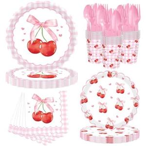 Cherry Birthday Decorations, 140Pcs Pink Bow Cherry Party Supplies Scalloped Bowknot Cherries Plates Napkins Cups Cutlery for Birthday Baby Bridal Shower Wedding Party Tableware, Serve 20