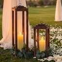 Set of 2 Large Wooden Farmhouse Candle Lanterns Kit, 26''/16'' | No Glass,Wooden Lantern with LED Candles & Eucalyptus Wreath, Decor for Outdoor Indoor Home Table Floor Fireplace Porch