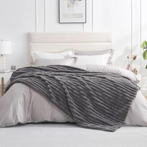 Amlie Home Faux Fur Throw Blanket for Couch, Cozy Fuzzy Fluffy Fur Luxurious Soft Striped Plush Gift Blankets for Family Sofa Chair Bedroom, 60"x80", Charcoal Grey
