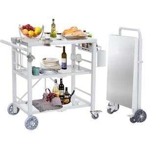 Folding Grill Table with Storage Rack, Stainless Steel Outdoor BBQ Cart, 3 Shelf Portable Grill Cart, Outdoor Kitchen Island and Pizza Oven Table for Blackstone Griddle (White)