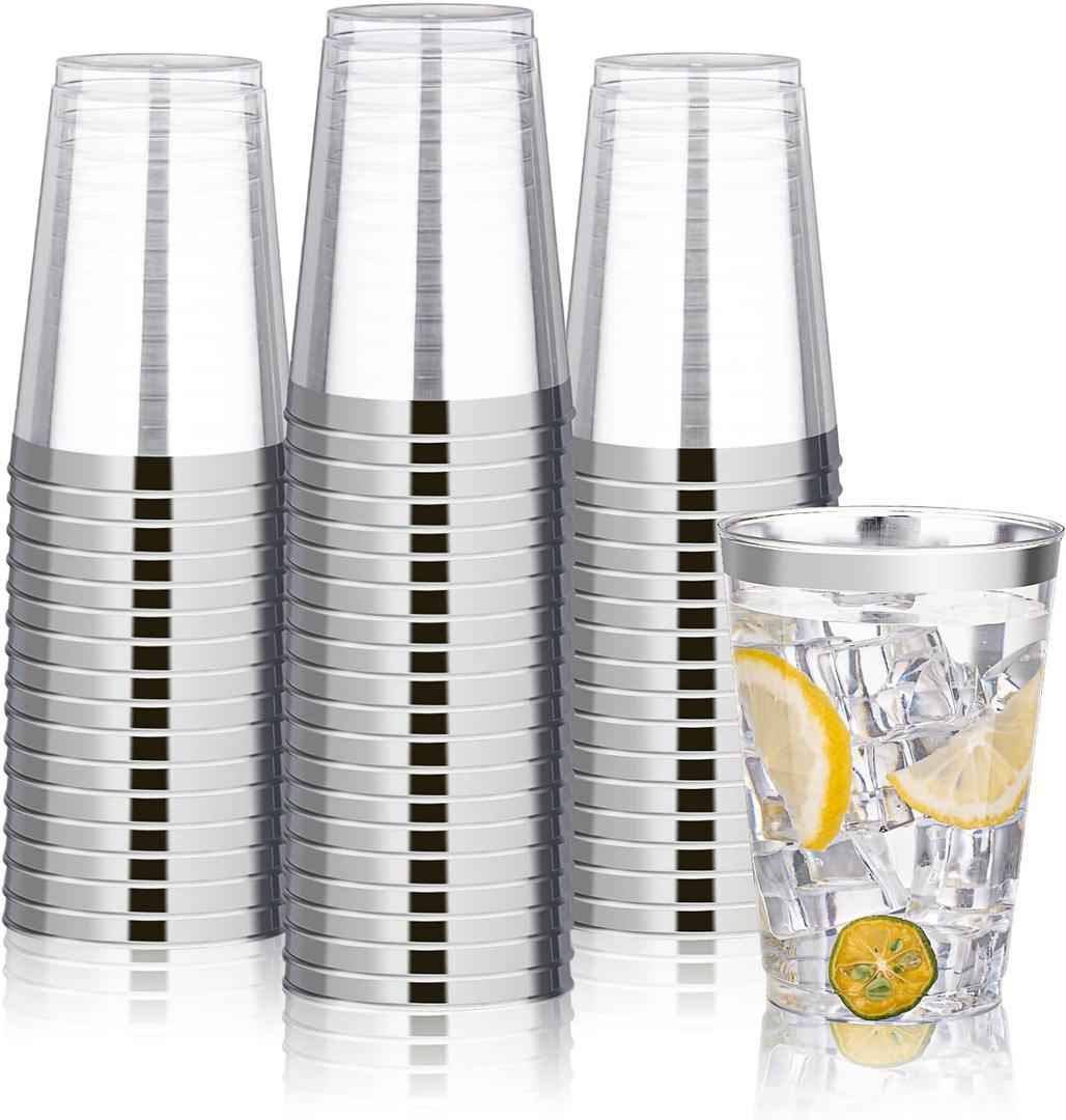 BESTVIP 12oz Silver Plastic Cups, 100 Pack Silver Rimmed Disposable Cups, Heavy-duty Party Cocktail Glasses for Christmas, Plastic Cups for Party, Holiday, Wedding and Birthday