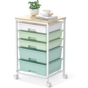 SYKIARIOL Utility Cart with 5 Drawers,Storage Cart with Wooden Tabletop and Lockable Wheels,Craft Storage Trolley Organizer,5-Tier Rolling Utility on Wheels,Light Green