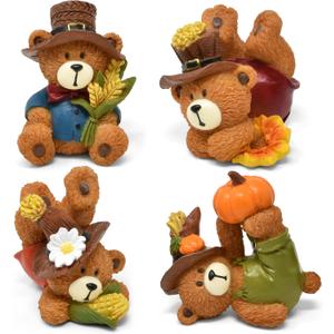 Gift Boutique Thanksgiving Mini Figurines Set of 4 - Fall Harvest Teddy Bears & Scarecrow Resin Tabletop Centerpiece with Pumpkin, Sunflower & Wheat