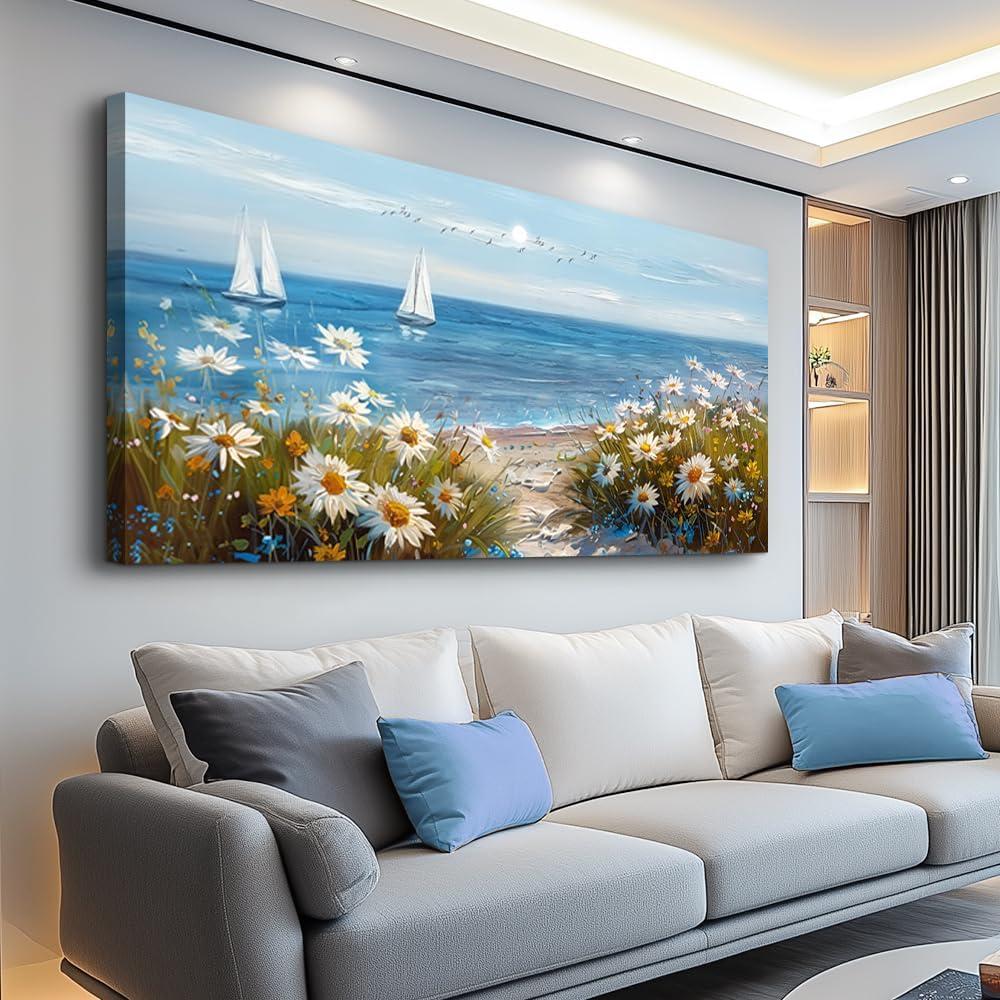 PHAOHUAXM Home Decor Printing Canvas Picture Blue Ocean Landscape Painting Wall Art For Living Room Farmhouse Dinin Mural White Flowers Bedroom Office Wall Decoration Artwork Easy To Hang 20x40 In