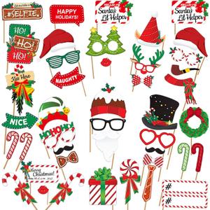 LEVSUPTY 44Pcs Christmas Party Photo Booth with Stick Props Kit for Adults Kids for Christmas Theme Party Favors Decorations Decor Supplies,Funny Xmas Selfie Props