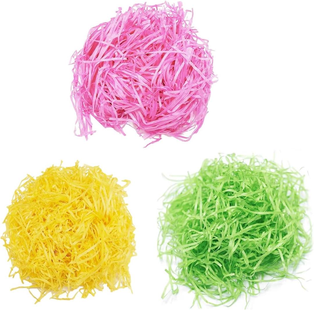 SZFYY Easter Grass,Recyclable Paper Filler,Easter Basket Stuffers,Shred Paper Use for Bridesmaid Proposal Gifts,Small Gift Box (PINK,GREEN,YELLOW,Each Color 50G)