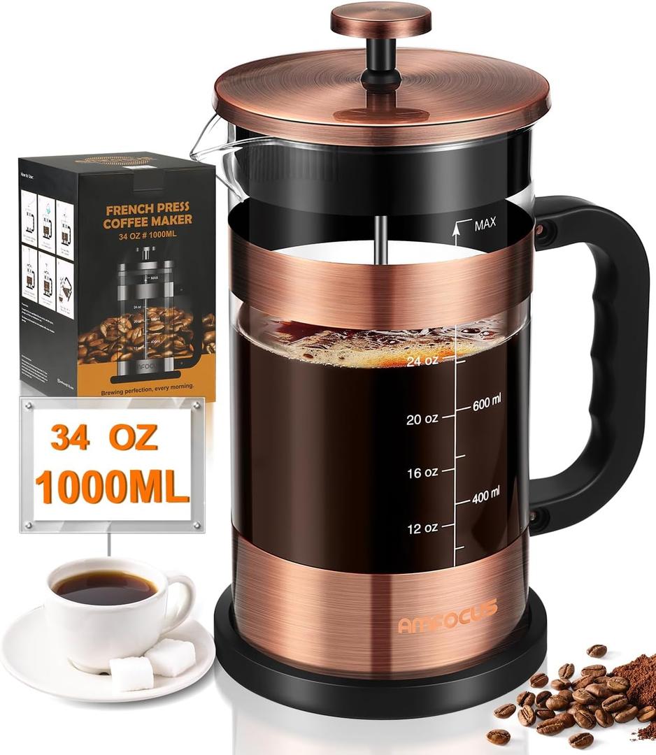 French Press Coffee Maker - 34 Ounce Classice Stainless Steel Coffee Press with 4-Level Filtration System, Heat Resistant Thickness Borosilicate Glass French Press Coffee Pot for Camping Travel Gift (Copper)