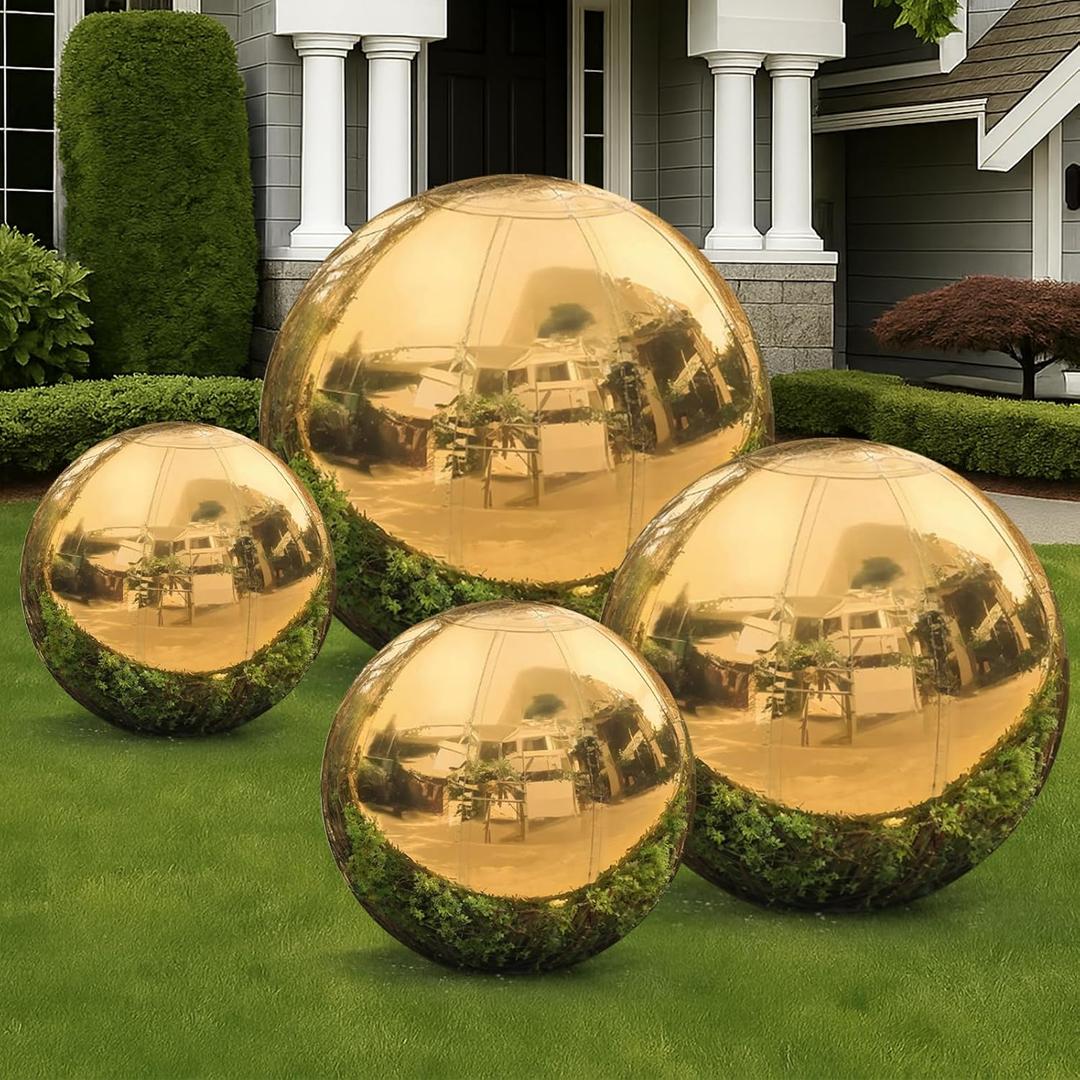 Gold 4PCS Inflatable Mirror Ball Set Reusable Large Event Decoration Balloon PVC Balloon For Party, Wedding, Decor (contain 0.5m/0.8m/1.2m/1.5m/600W Electric Pump)