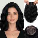 LEEONS 11 Inch Short Wavy Hair Topper for Women, 6.5"x6.5" Base Lightweight Synthetic, Natural-Looking Thinning/Gray Hair Coverage (1B#-Natural Black)