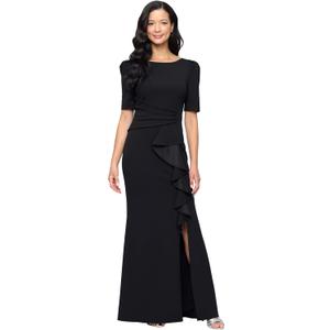 Alex Evenings Women's Stretch Crepe Dress with Puff Shoulder Elbow Sleeves, Tucked Waist Detail and Cascade Ruffle, 18