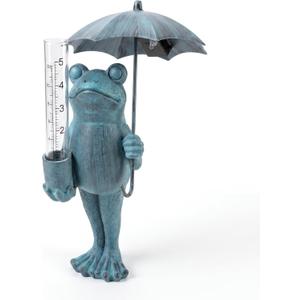 Topadorn Frog Rain Gauge, 21.5" Solar LED Outdoor Garden Stake with Umbrella, 5" Capacity Easy-to-Read Rainfall Meter, Blue Resin Decor