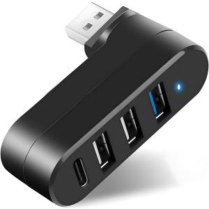 4-Port USB 3.0 Hub [90/180 Rotatable], USB Splitter with 1 USB 3.0 Port, 2 USB 2.0 Ports, and 1 USB C Data Port, USB Extender for Laptops, Cars, Surface go, Mac, MacBook Air/Pro, and Other Devices