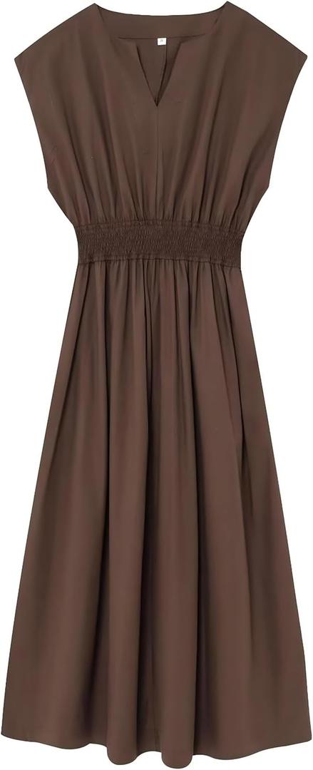 Sleeveless V Neck Midi Dress for Women Casual Summer Solid Smocked Waist A Line Flowy Dresses with Pockets (Brown, L)