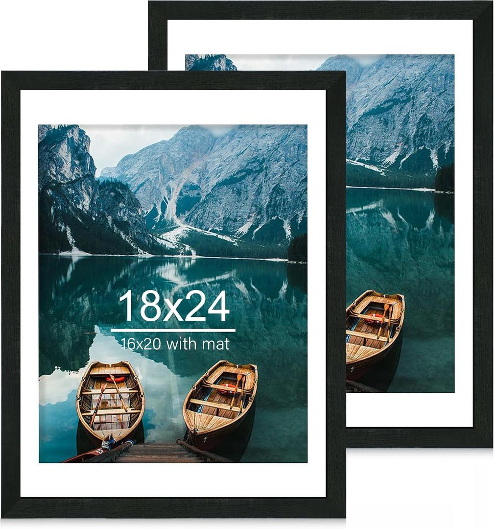 Hongkee 18x24 Frame Set of 2, Rustic Black Wood Style - Display 18 x 24 Poster without Mat or 16x20 Picture with Mat, Wall Mounting Horizontal and Vertical