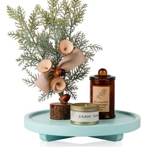 Round Decorative Tray Wood Bathroom Counter Organizer Farmhouse Kitchen Decor Wooden Riser for Soap Dish, Perfume, Candle, Sponge, 10" - Light Blue