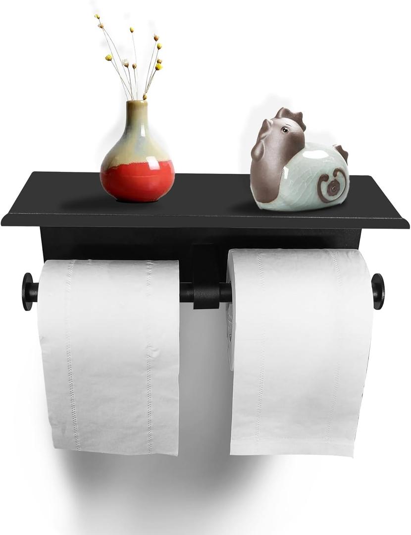 Botiliceer Double Toilet Paper Holder with Shelf, Stainless Steel Wall Mounted Toilet Tissue Dispenser, Large Commercial Paper Holder Dispenser Phone Holder for Bathroom (Black)