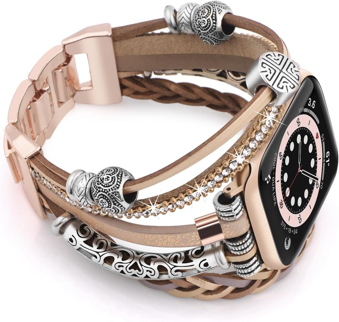 Boho Bracelet Compatible for Apple Watch Band 40mm Women, Multilayer Wrap Strap for Apple Watch 41mm 38mm, Leather Copper Pipe Apple Watch Bands for iWatch Series 10/9/8/7/6/5/4/3/2/1/SE - Khaki