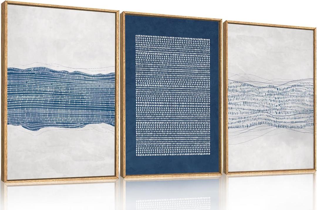 Large Abstract Navy Blue and White Framed Canvas Wall Art Set,Modern Neutral Geometric Waves Lines Dots Wall Decor,Mid Century Minimalist Boho Artwork for Living Room,Bedroom,Office- 24"x36"x3