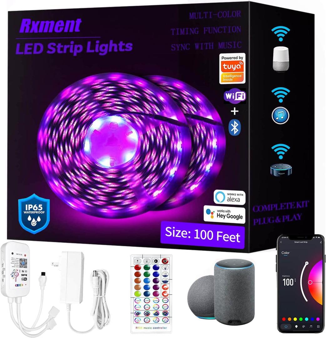 100FT Outdoor Led Strip Lights | Compatible with Alexa and Google Assistant | Smart WiFi Waterproof Led Lights for Bedroom RGB Music Sync Remote &App Controlled Led Rope Lights