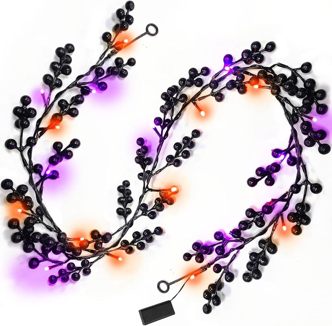 [Dual Color Lights & Timer] 5.8 Ft 20 LED Halloween Garland Decorations Black Berried Garlands with Purple Orange Lights Battery Operated Halloween Decorations for Home Table Mantle Fireplace Indoor
