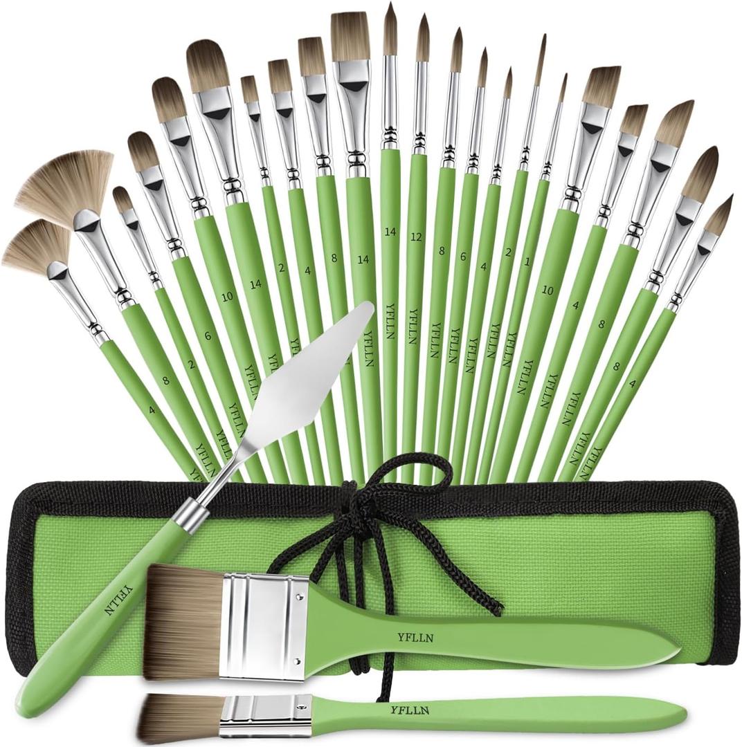 Paint Brushes Set of 25 Pieces Wooden Handles Brushes,Professional Artist Series with Filbert, Fan, Dagger, Cat Tongue, Round, Angle, Wide Flat Canvas Roll Bag & Palette Knife
