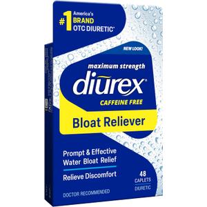 Diurex Caffeine-Free Bloat Relief, Maximum Strength, Relieve Water Bloat Discomfort, Up to 6 Hours of Relief, 48 Count, Exp Date: 10/2026