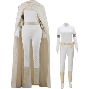 Women Padme Amidala Cosplay Shirt Pants Belt Robe Cloak Jedi Padme Costume Battle Uniform White for Halloween (Large)