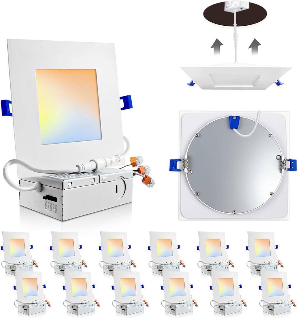 Adetu 12 Pack 6 inch Square Led Recessed Lighting, 5CCT Ultra Thin Square Led Ceiling Light with Junction Box, 14W 1190LM, CRI90, 2700K-5000K Selectable, Dimmable Canless Downlight, ETL and Energy Star