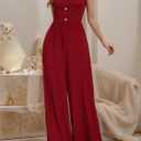 Womens Sleeveless Spaghetti Strap Jumpsuit Button Front Elastic Waist Wide Leg Romper One Piece Outfit For Casual Daily Wear 2XL