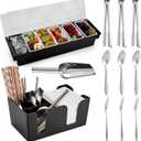 Tessco Garnish Tray with Lid Bar Caddy Ice Cooled Condiment Serving Container with Stainless Steel Ice Scoop 3 Metal Mini Serving Tongs 3 Fruit Fork 3 Spoons for Food Home Party Kitchen(6 Grids)