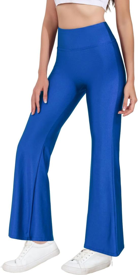 Tulucky Womens Stretchy Shiny Sports High Waisted Yoga Flare Pants Tummy Control Bell Bottom Leggings (Blue, XL)